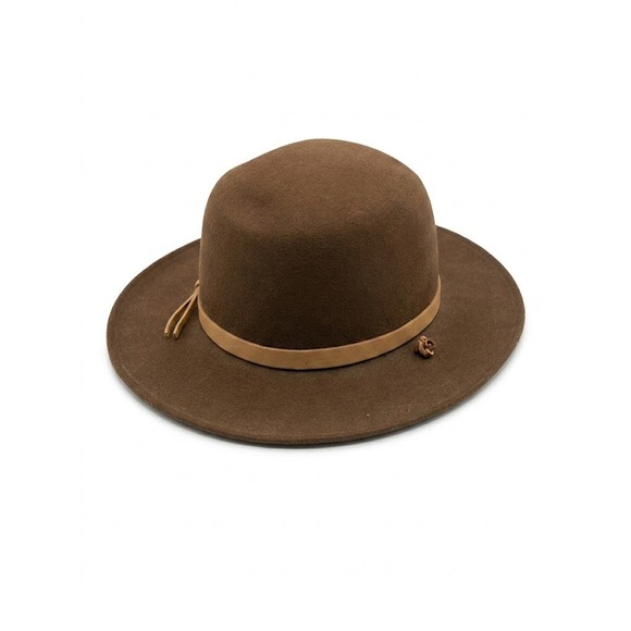 Brown Wool Felt Wide Brim Fedora Hat Leather Tassels Rosette USA Boho Indie